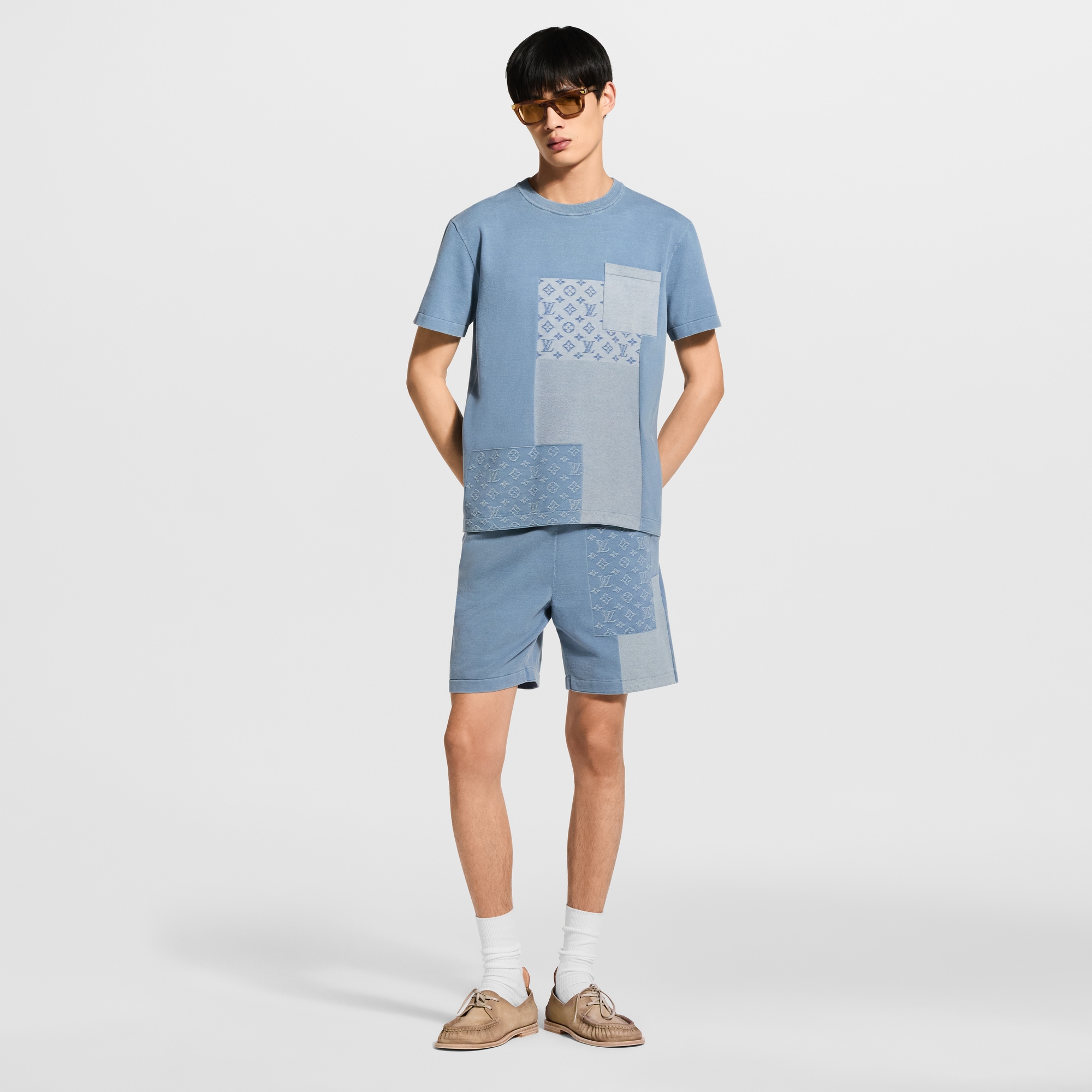 Knitted Patchwork Denim Short-Sleeved Crewneck - Luxury Blue